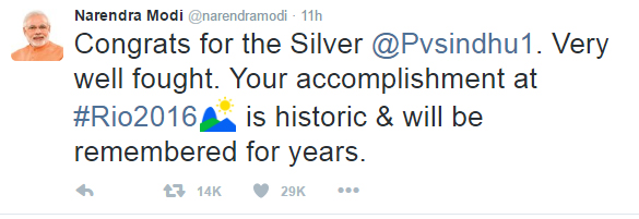Narendra Modi Tweets on PV Sindhu Silver