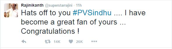 Rajinikanth Tweets on PV Sindhu Silver