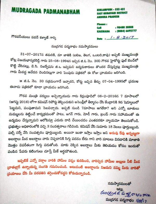 Mudragada Padmanabham Letter to Pawan Kalyan