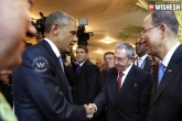 US, Kerry, obama shakes hands with cuban president raul castro, Cuba